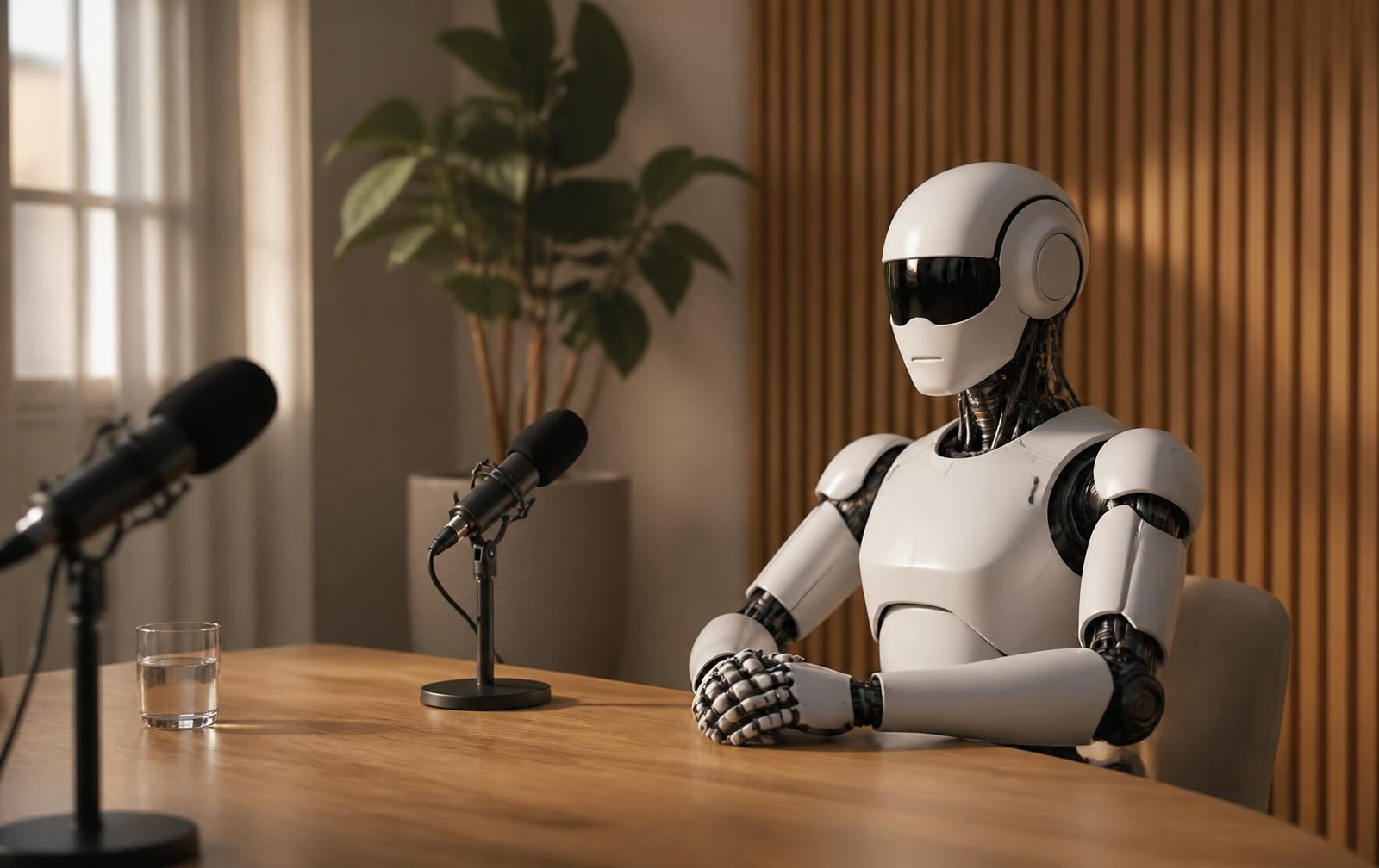 Illustration of a humanoid robot seated at a studio interview table