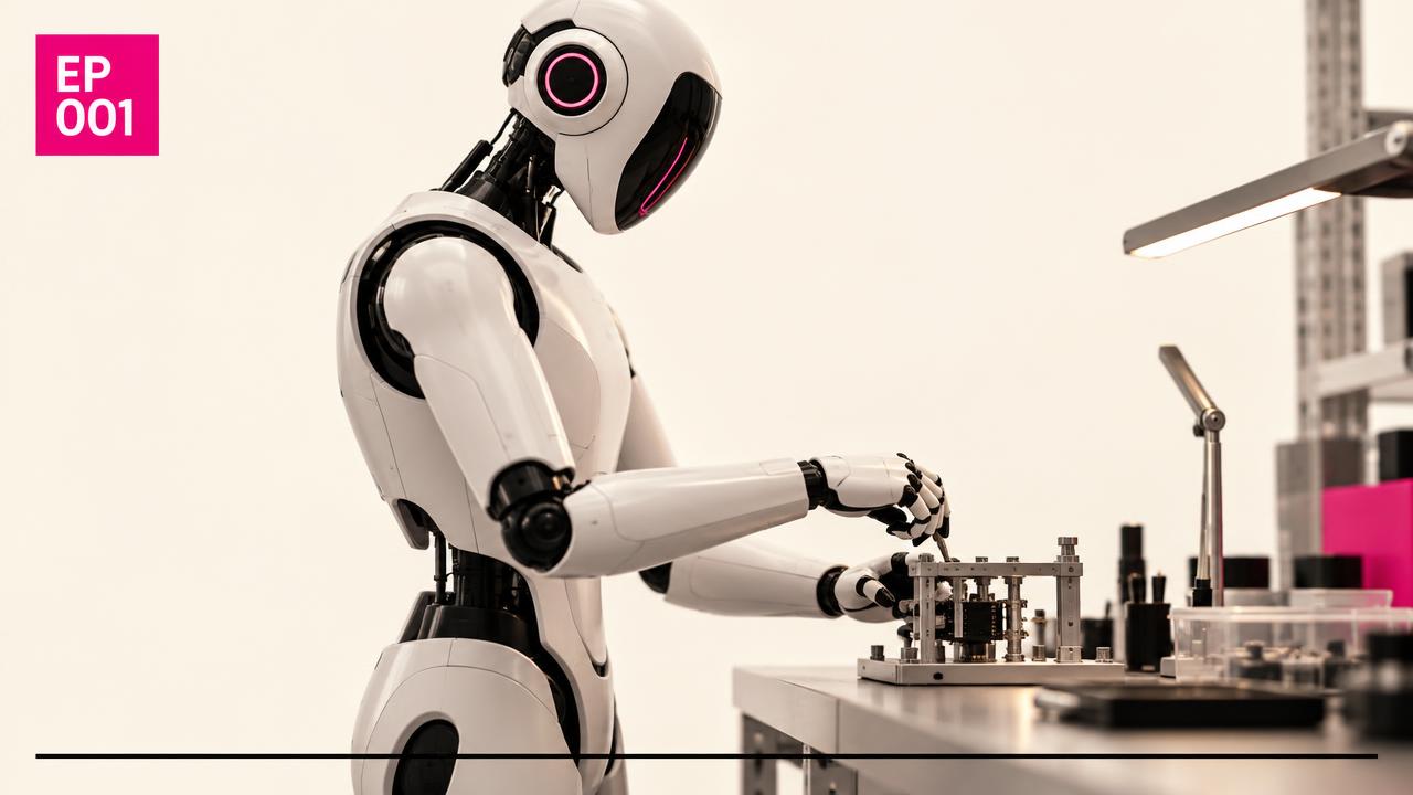 Episode 001 thumbnail showing a humanoid robot working at a bench