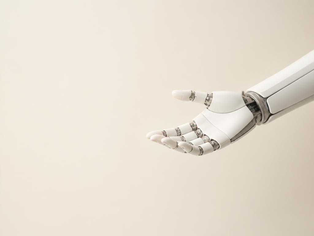 White robotic hand and forearm against a warm ivory background
