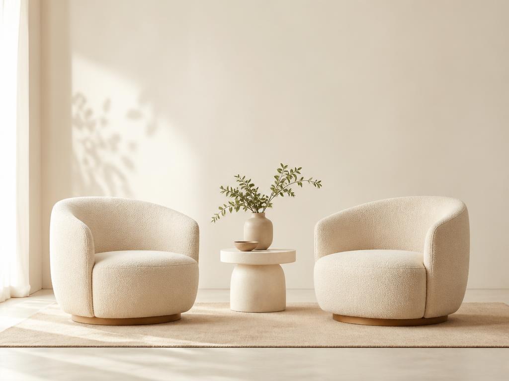 Two cream armchairs and a side table in a bright conversation set
