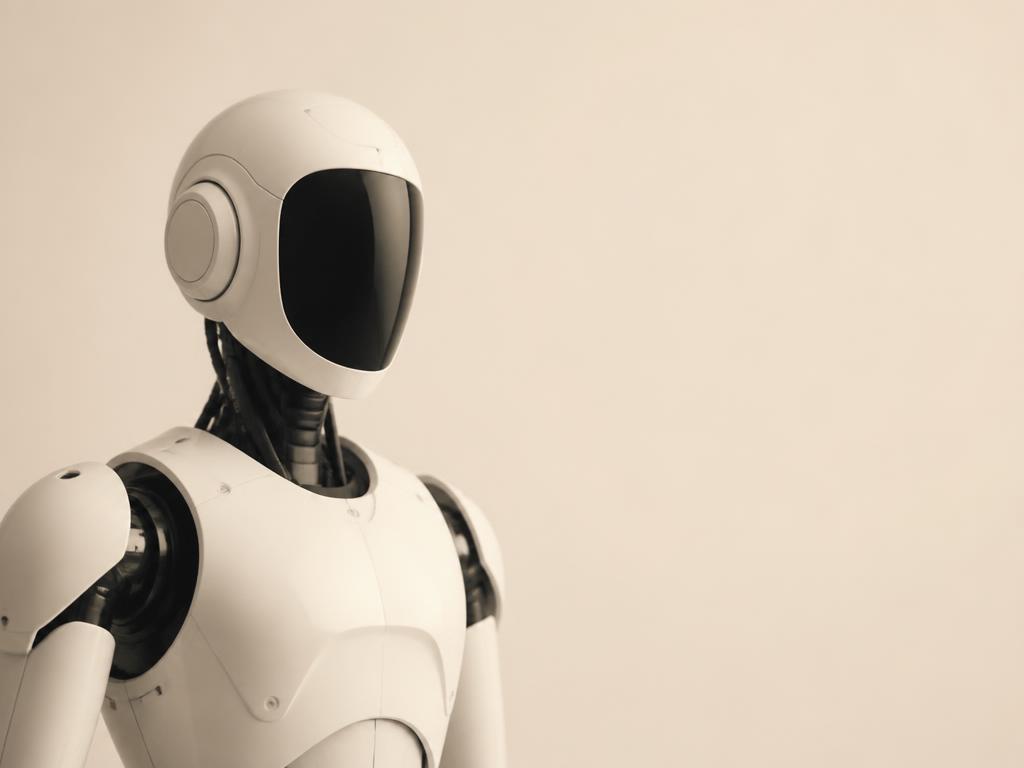White humanoid robot bust against a warm ivory studio backdrop